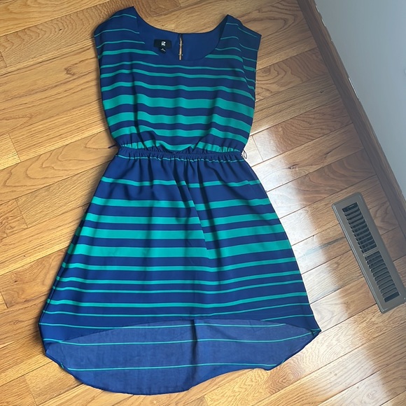 EUC! iZ Byer Blue Teal Hi-Low stripe dress with defined waist - Picture 9 of 12